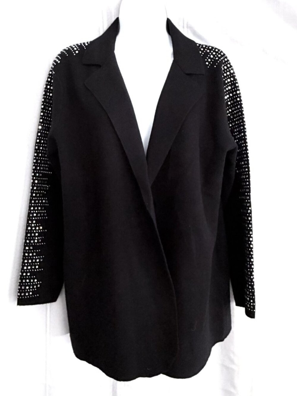 SIONI Black Rhinestone Studded Sleeve Open Front Knit Cardigan Blazer - Size L